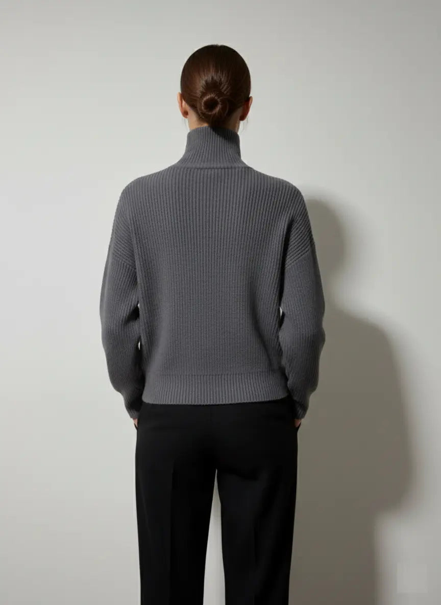 Solid Rib-Knit High Neck Drop Shoulder Sweater - Small
