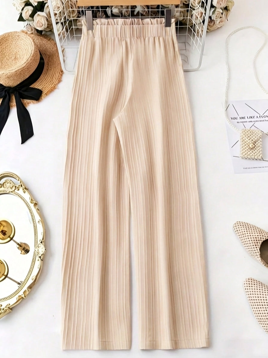 Vertical Striped Pleated Elastic Waist Bow Casual Wide Leg Long Pants Woven Fabric