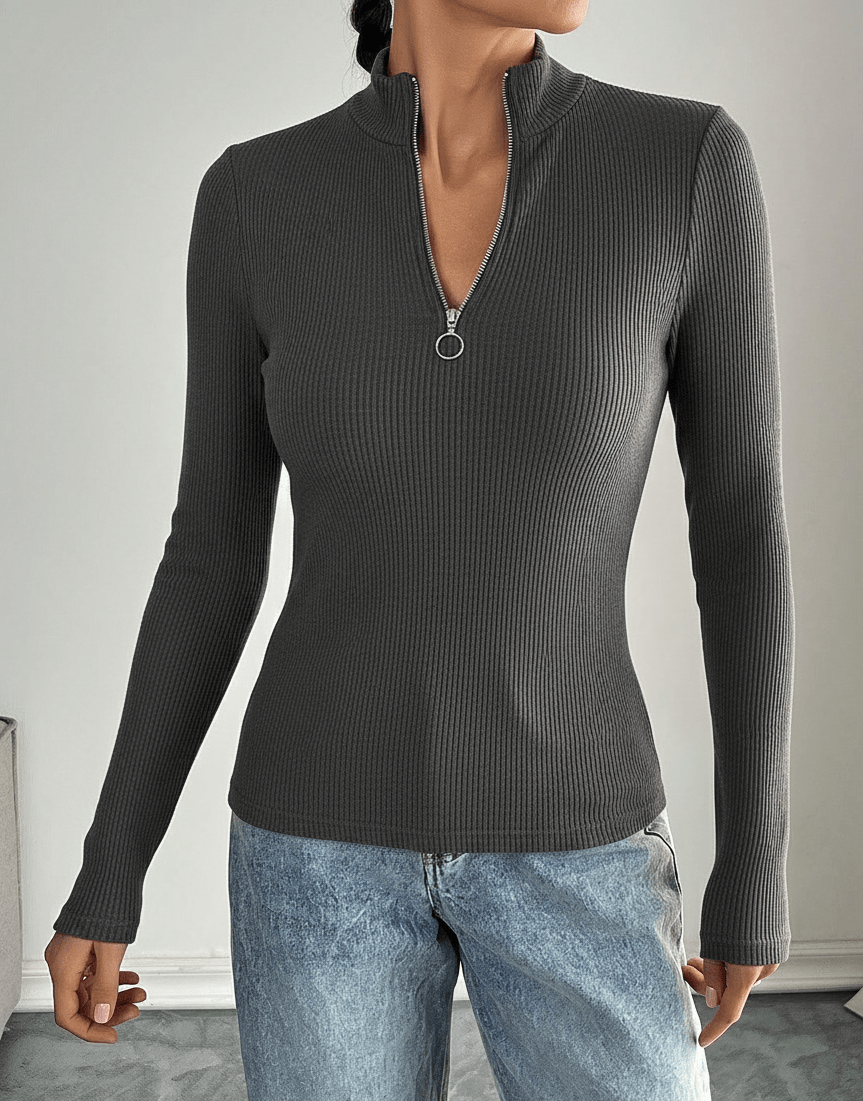Long Sleeve T-Shirt, High Neck Zip Closure pullover - L