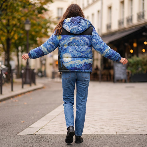 A cropped, hooded puffer jacket with a dynamic blue and white artistic print reminiscent of Vincent van Gogh's "Starry Night. - L