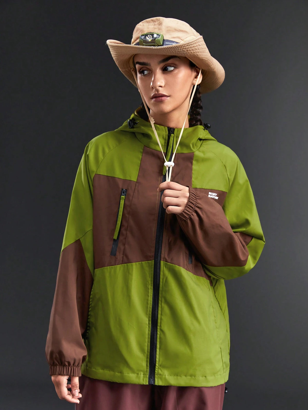 In My Nature Women's Hooded Color Block Letter Printed Windbreaker Jacket - M