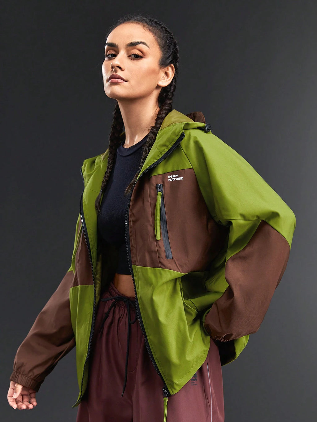 In My Nature Women's Hooded Color Block Letter Printed Windbreaker Jacket - M