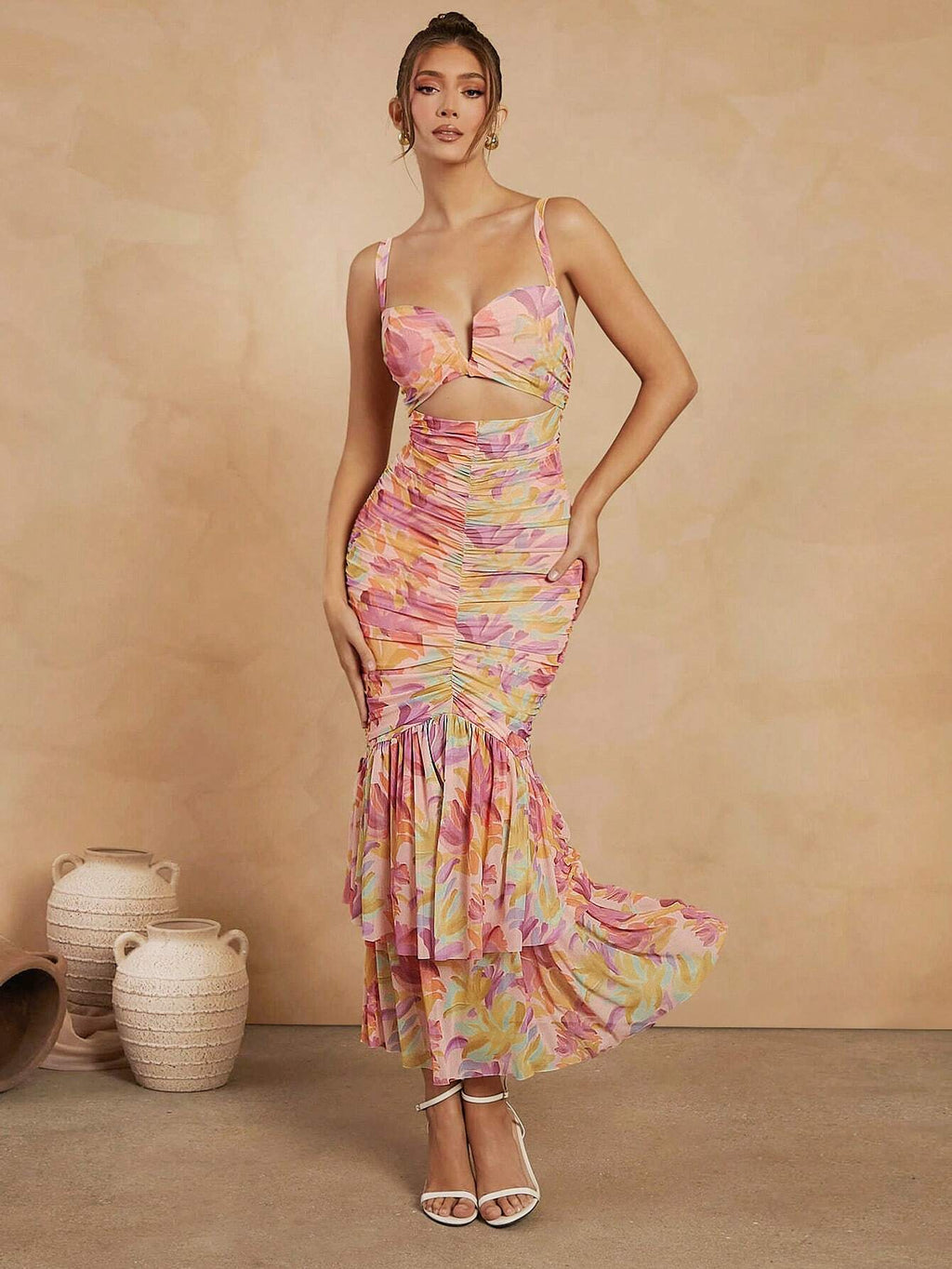 L'Amorae Floral Ruched Mermaid Hem With Cutout Details Dress