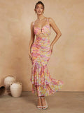 L'Amorae Floral Ruched Mermaid Hem With Cutout Details Dress