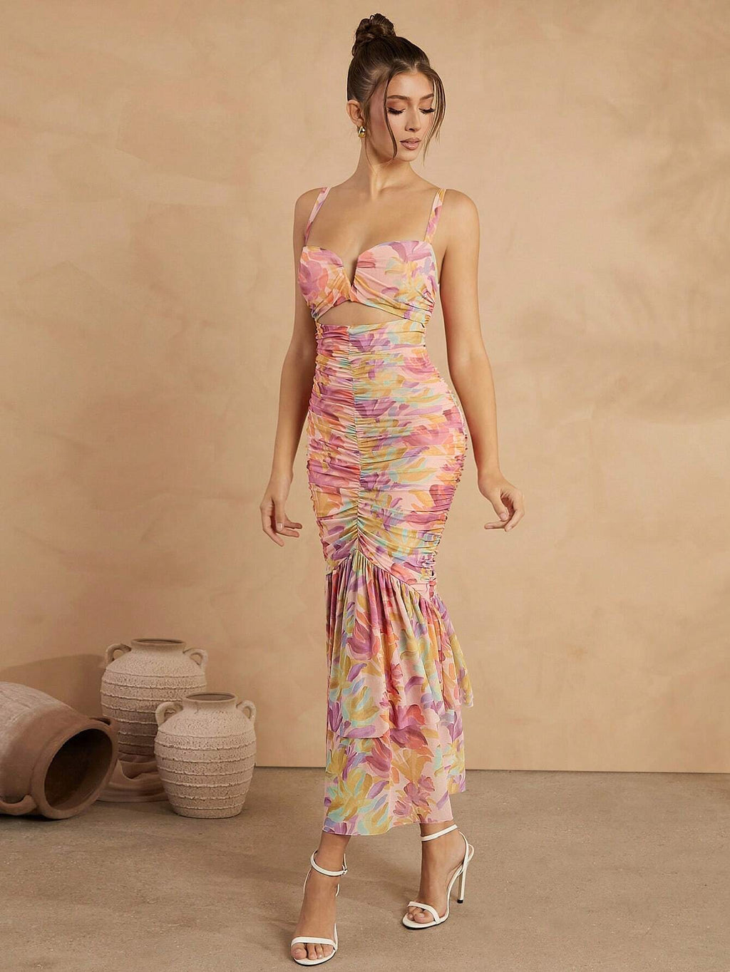 L'Amorae Floral Ruched Mermaid Hem With Cutout Details Dress