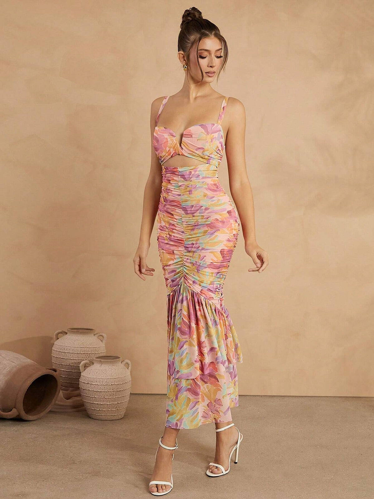 L'Amorae Floral Ruched Mermaid Hem With Cutout Details Dress