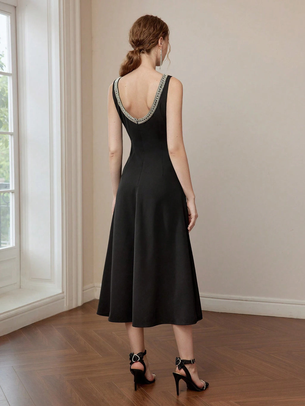 MOTF PREMIUM SCOOP NECK LOW BACK BEADED TRIM FLARE HEM MIDI DRESS WITHOUT BELT WOMEN OUTFIT