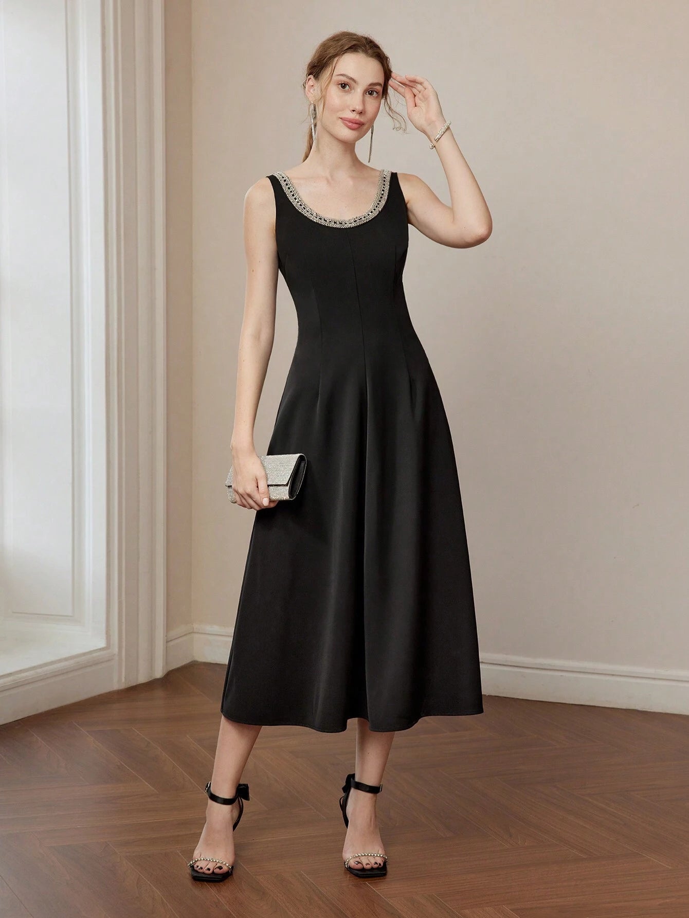 MOTF PREMIUM SCOOP NECK LOW BACK BEADED TRIM FLARE HEM MIDI DRESS WITHOUT BELT WOMEN OUTFIT