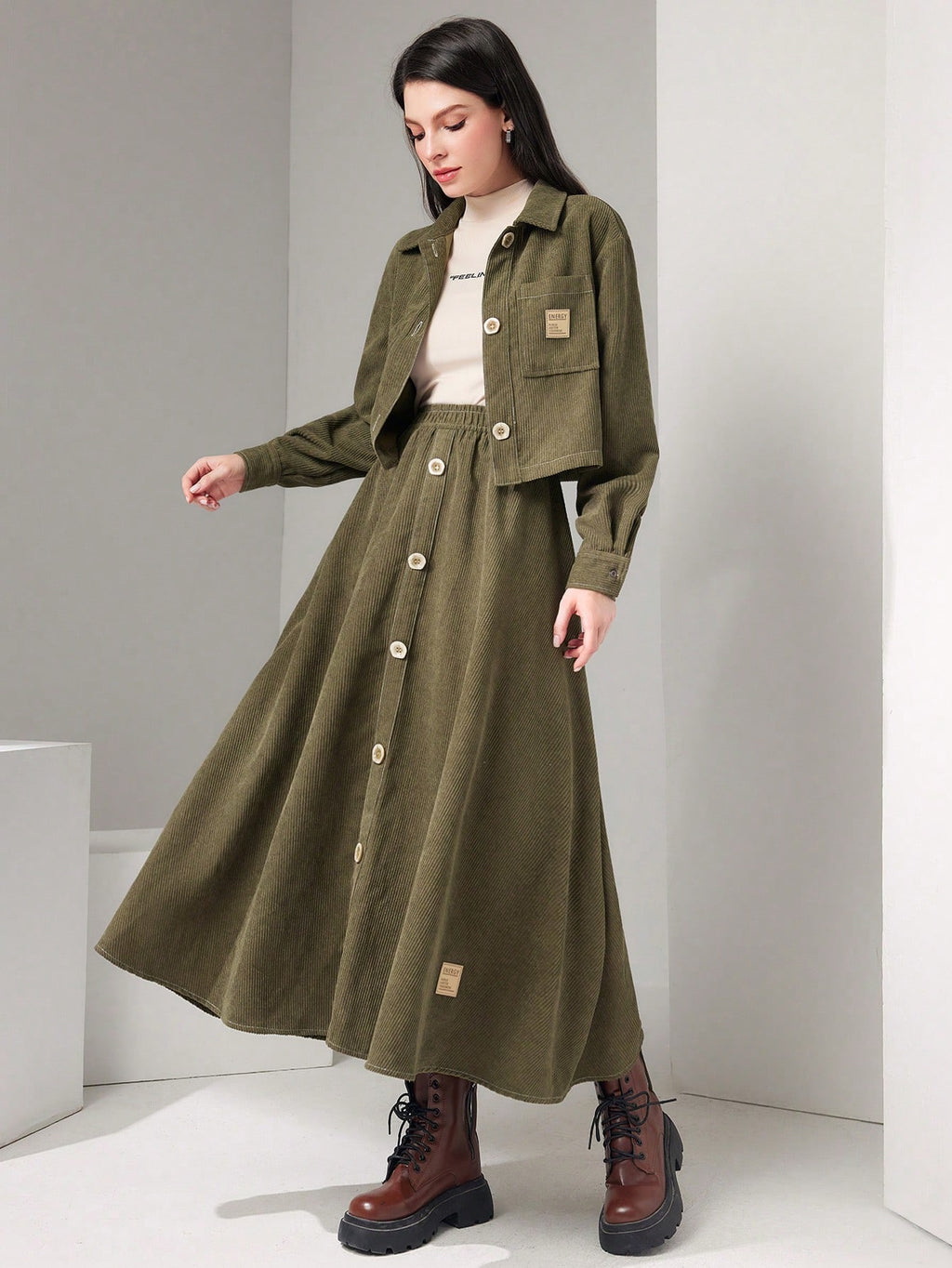 Blouse Jacket with Pockets, Drop Collar and Button Front Skirt 2 Piece Set - M