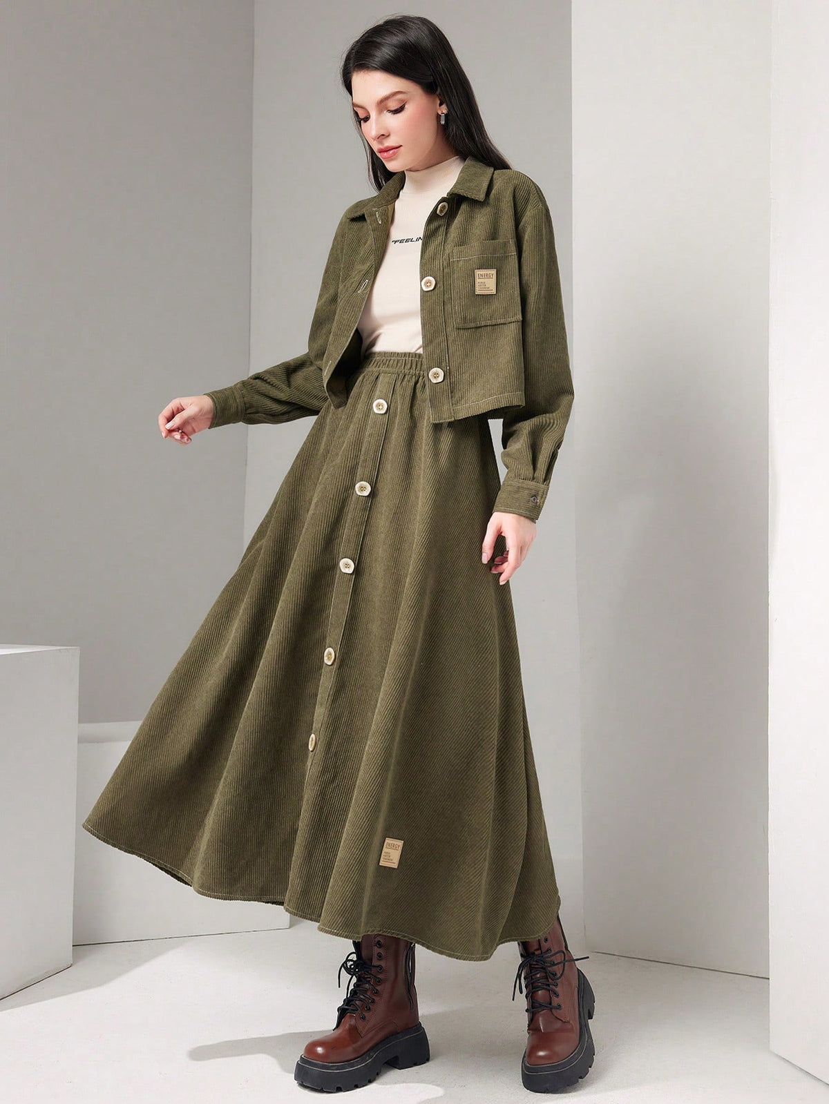 Blouse Jacket with Pockets, Drop Collar and Button Front Skirt 2 Piece Set - M