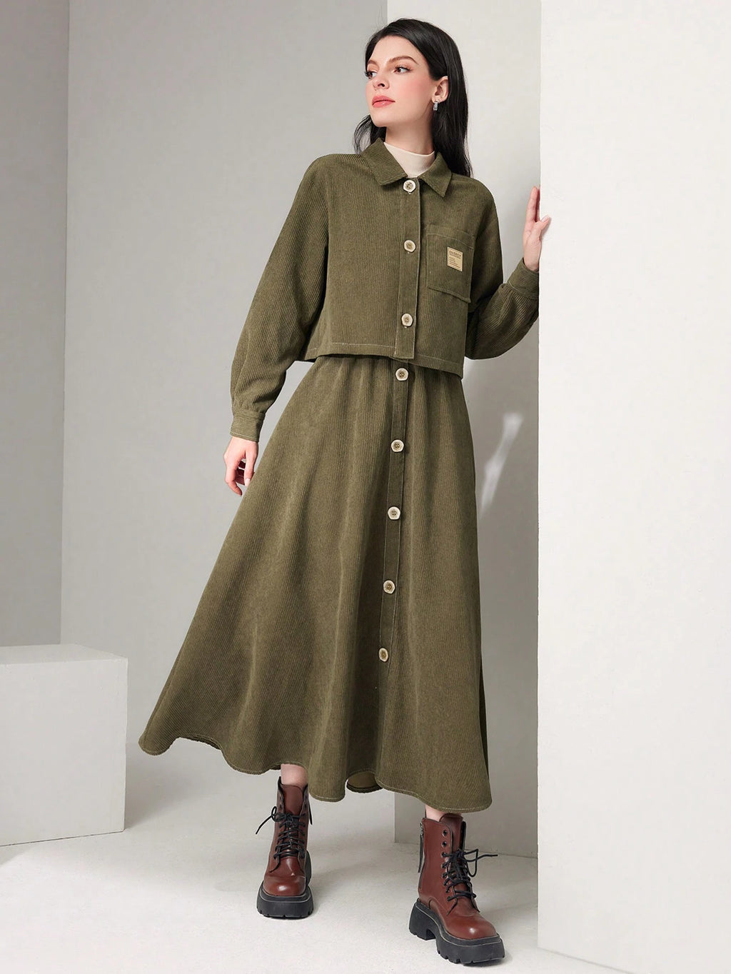 Blouse Jacket with Pockets, Drop Collar and Button Front Skirt 2 Piece Set - M