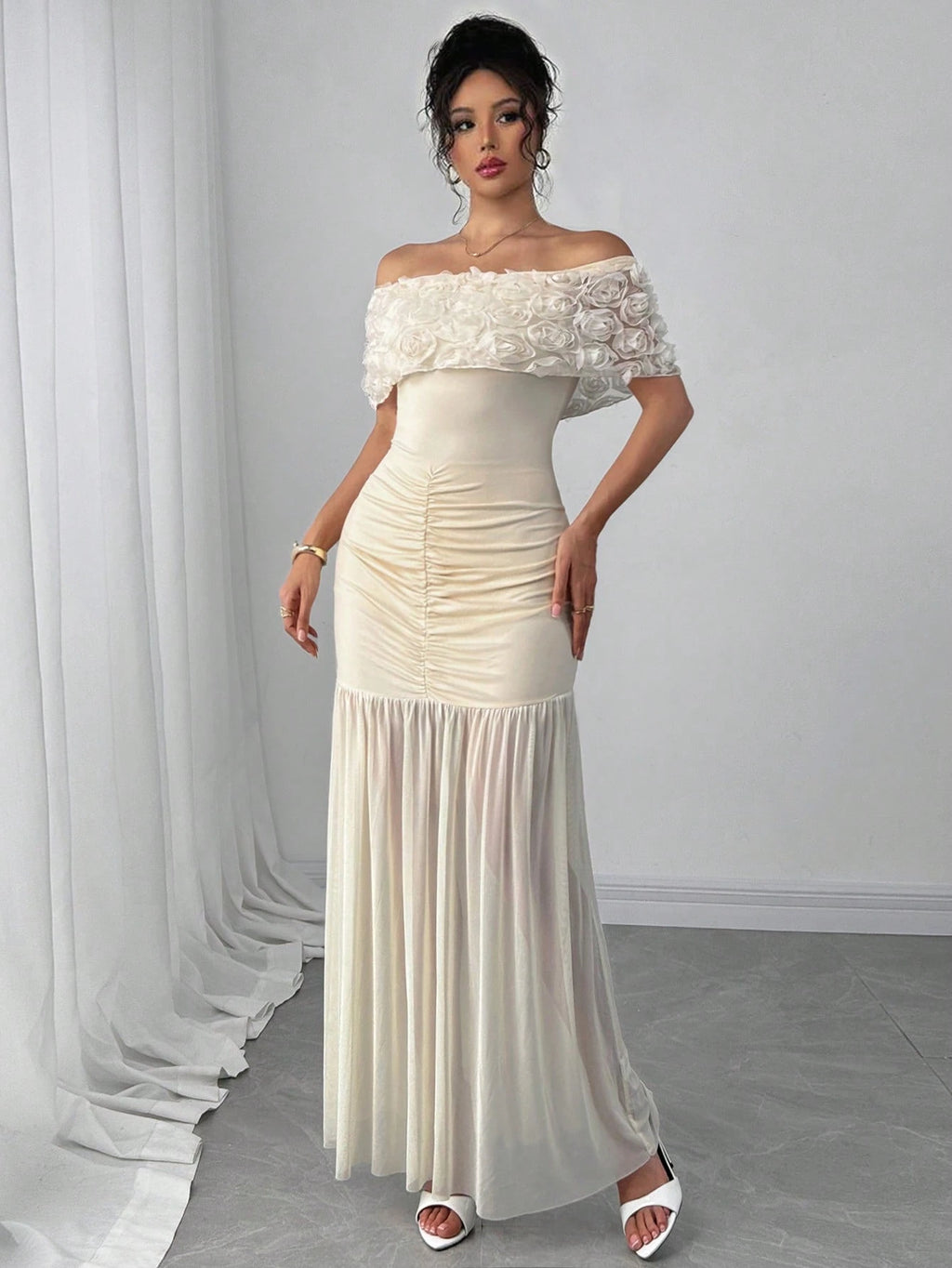 Rafferiza Off Shoulder Floral Fitted Pleats Splice Dress For Women