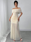 Rafferiza Off Shoulder Floral Fitted Pleats Splice Dress For Women