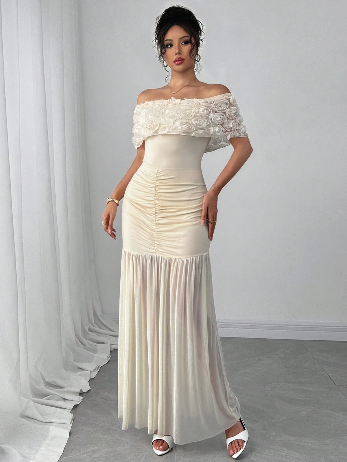 Rafferiza Off Shoulder Floral Fitted Pleats Splice Dress For Women
