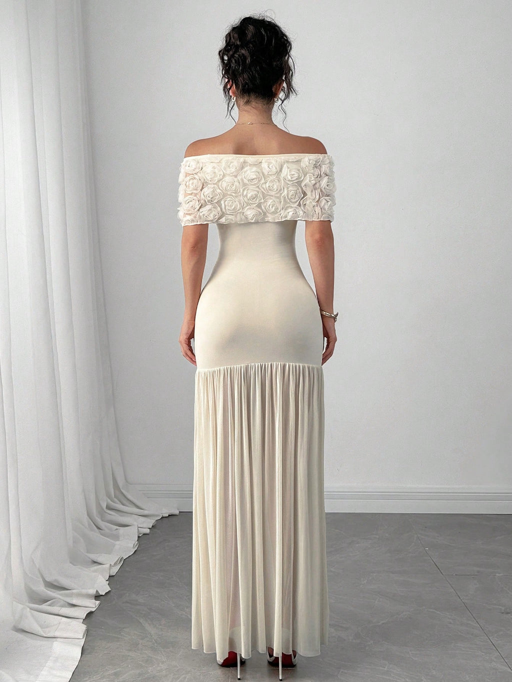 Rafferiza Off Shoulder Floral Fitted Pleats Splice Dress For Women