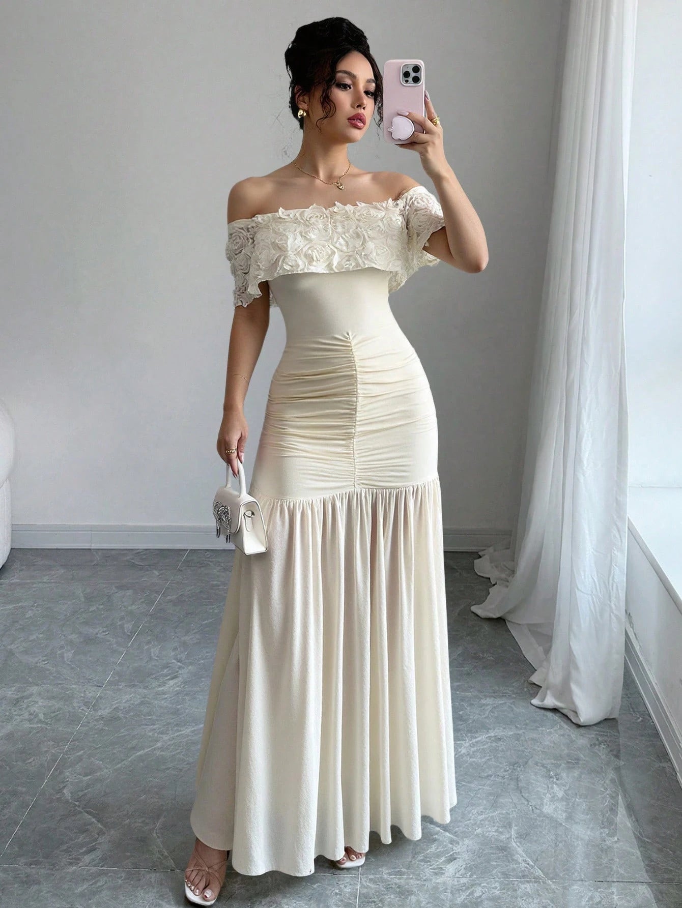 Rafferiza Off Shoulder Floral Fitted Pleats Splice Dress For Women