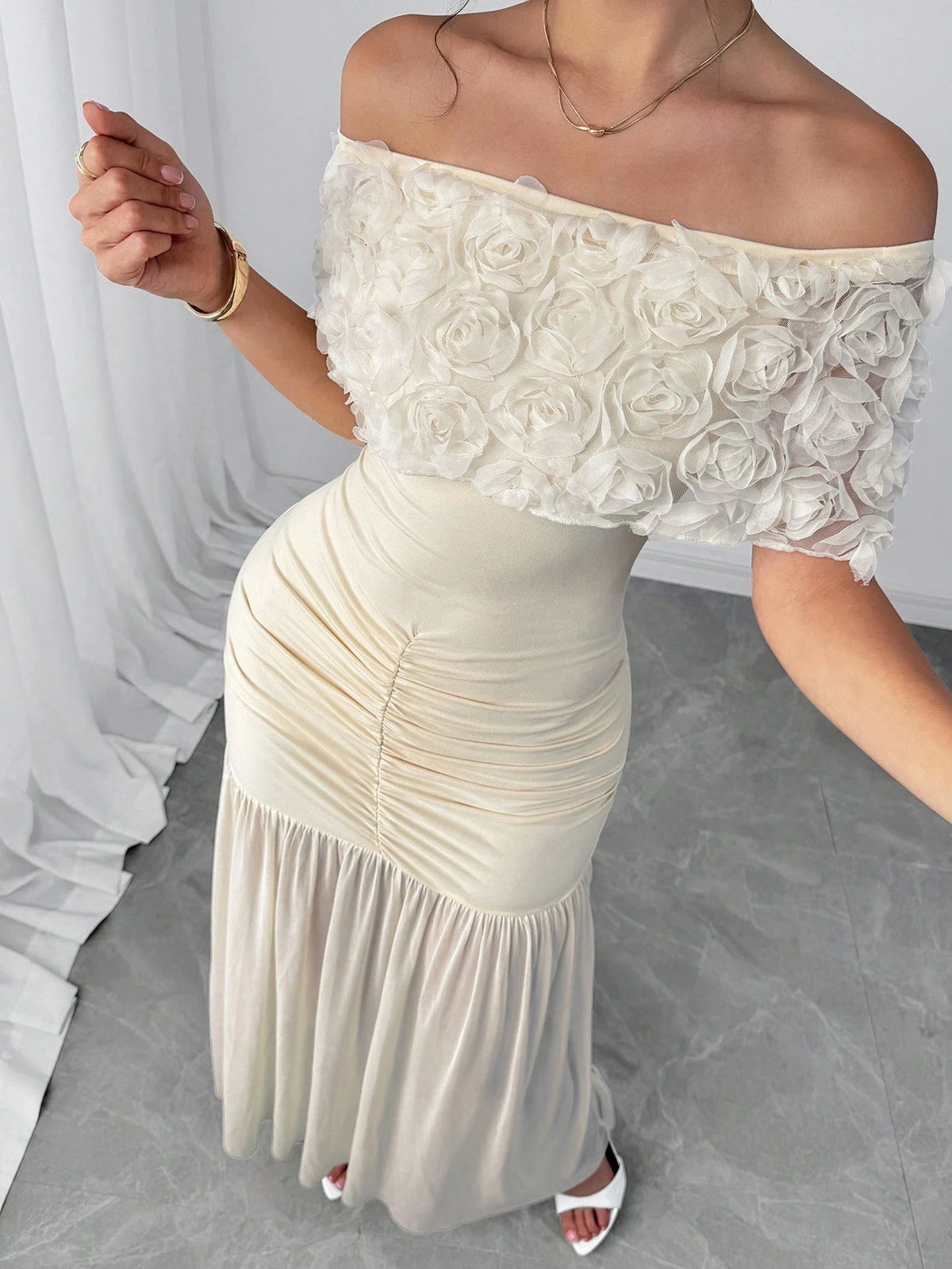 Rafferiza Off Shoulder Floral Fitted Pleats Splice Dress For Women