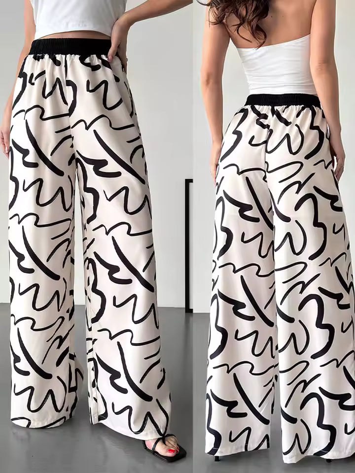 Women's color-block printed loose-fit high-waist wide-leg pants