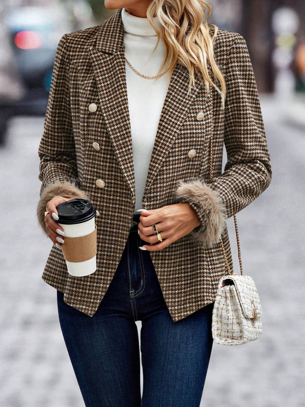 Houndstooth Print Fuzzy Cuff Double Breasted Blazer - Small