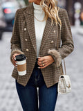 Houndstooth Print Fuzzy Cuff Double Breasted Blazer - Small