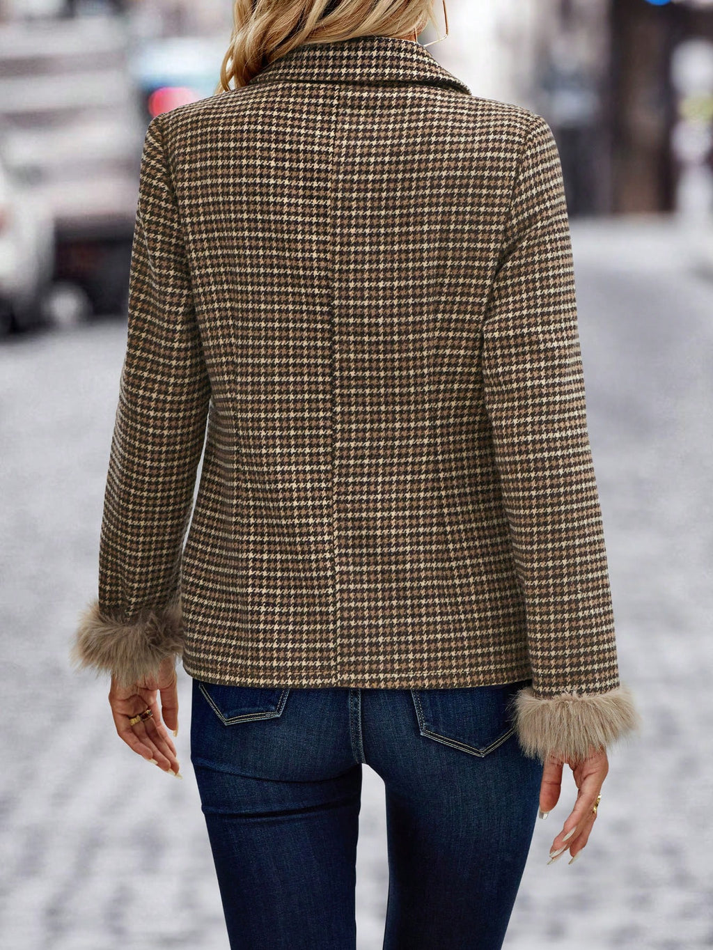Houndstooth Print Fuzzy Cuff Double Breasted Blazer - Small