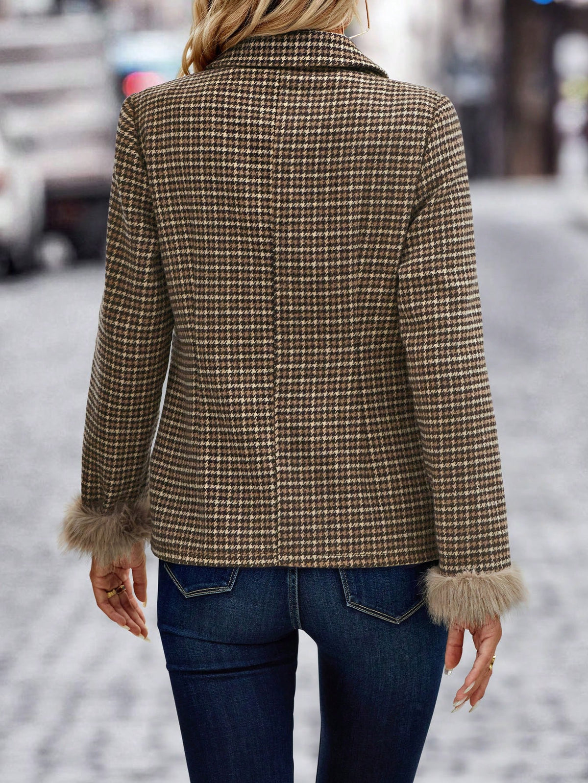 Houndstooth Print Fuzzy Cuff Double Breasted Blazer - Small