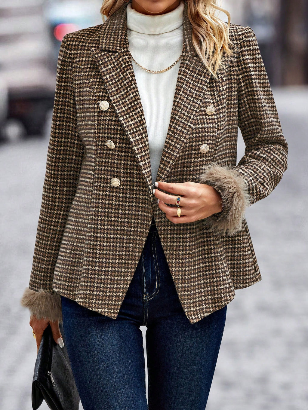 Houndstooth Print Fuzzy Cuff Double Breasted Blazer - Small