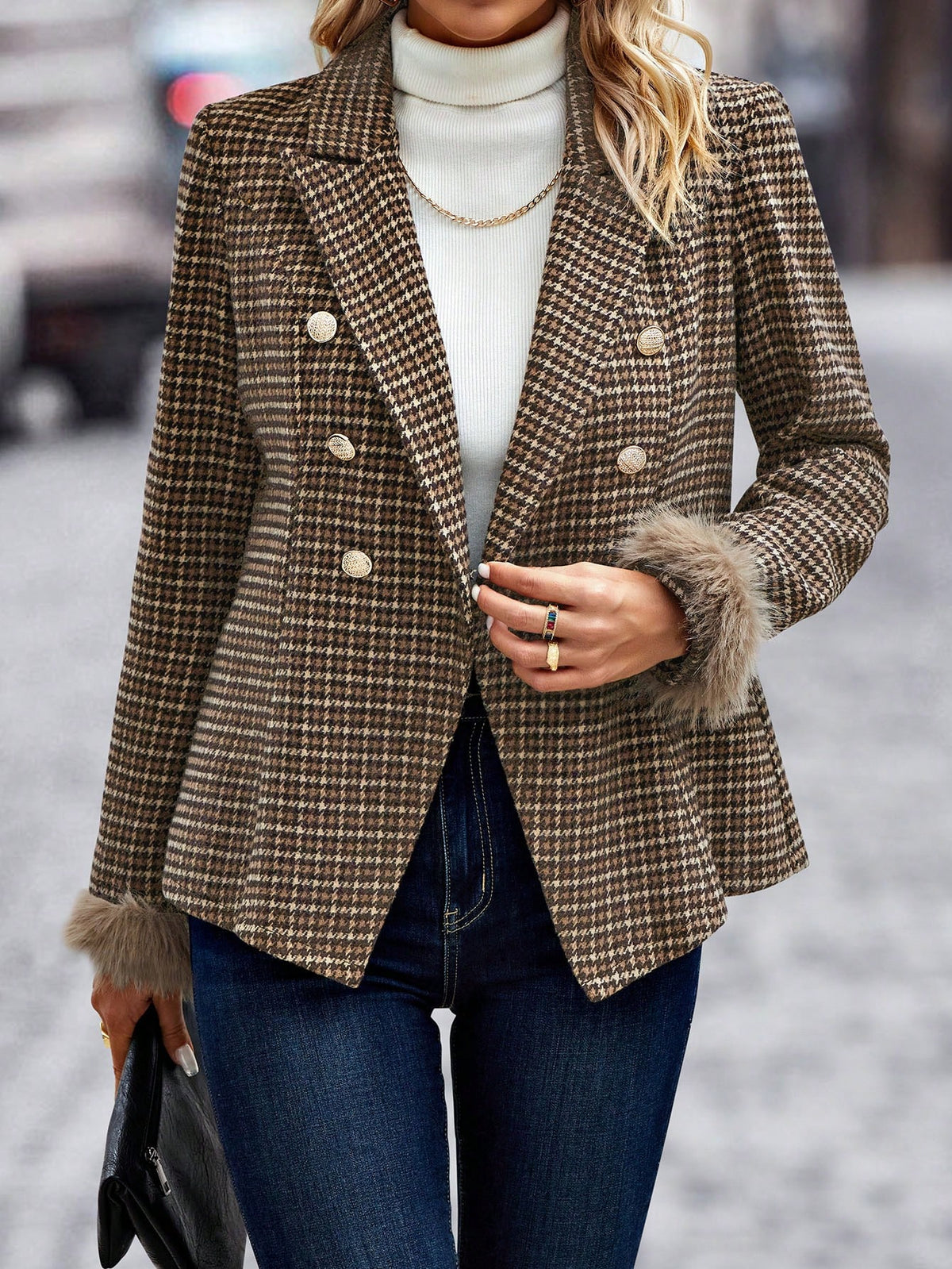 Houndstooth Print Fuzzy Cuff Double Breasted Blazer - Small