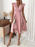 Women's Contrast Mesh Flower Embroidery V-Neck Ruffle Edge Trim Decor Dress