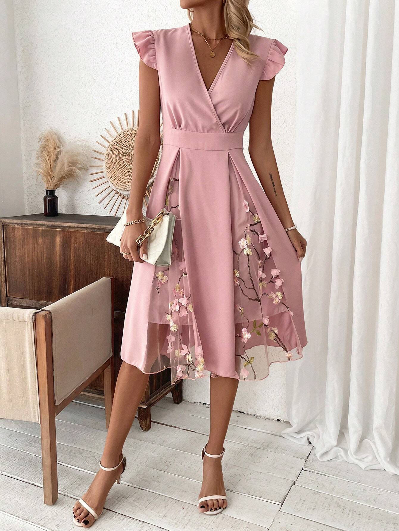 Women's Contrast Mesh Flower Embroidery V-Neck Ruffle Edge Trim Decor Dress