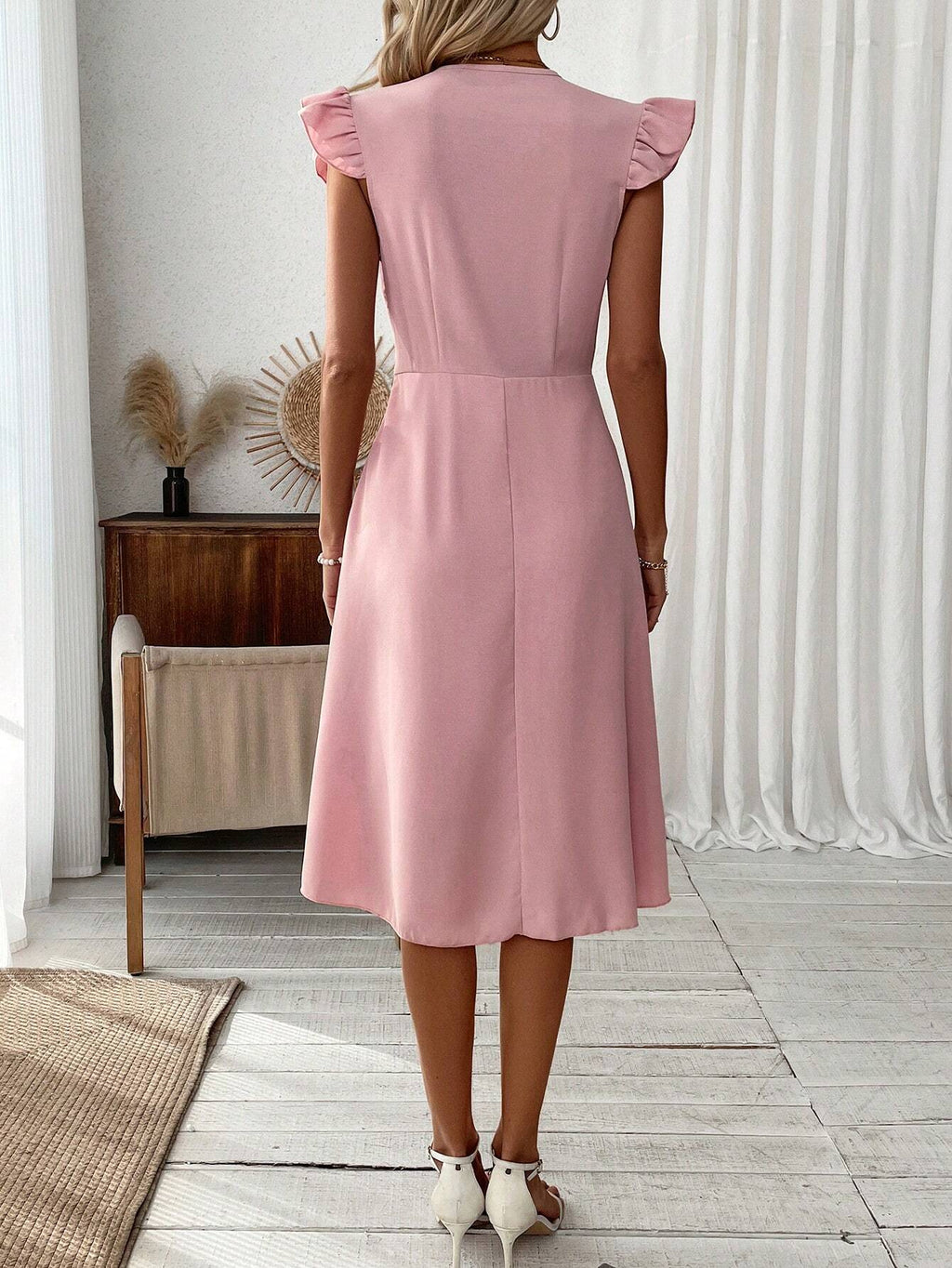 Women's Contrast Mesh Flower Embroidery V-Neck Ruffle Edge Trim Decor Dress