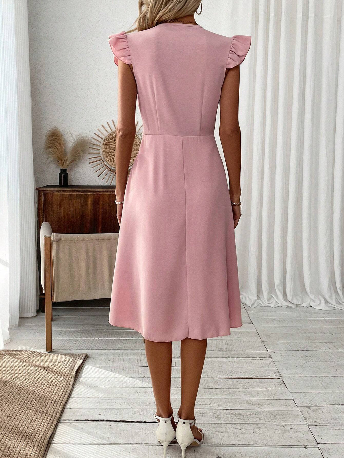 Women's Contrast Mesh Flower Embroidery V-Neck Ruffle Edge Trim Decor Dress