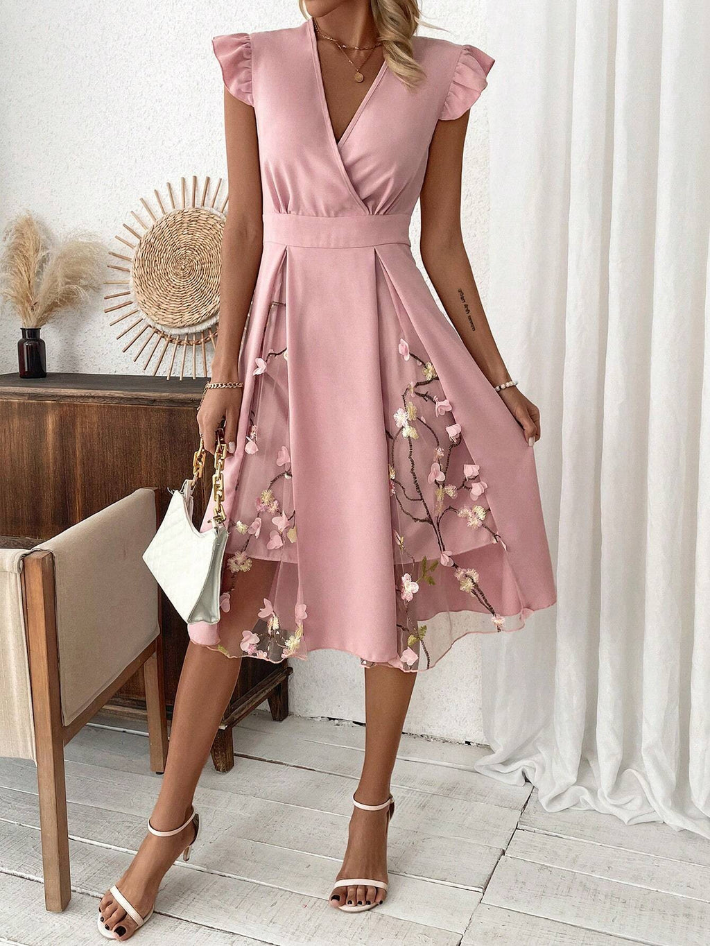 Women's Contrast Mesh Flower Embroidery V-Neck Ruffle Edge Trim Decor Dress