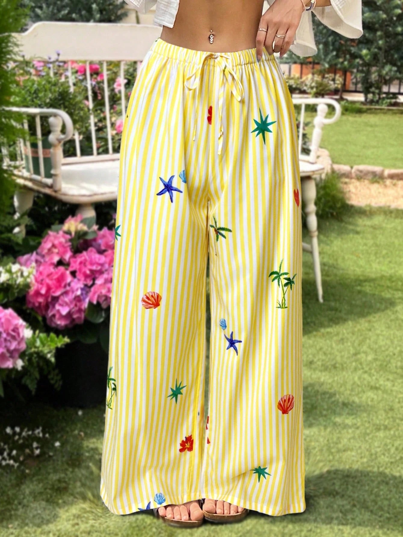 Women's Casual Vacation Ocean Style Striped Yellow Tie Waist Plus Size Pants