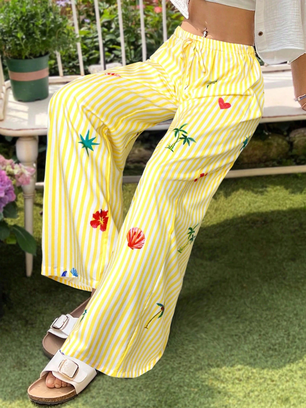 Women's Casual Vacation Ocean Style Striped Yellow Tie Waist Plus Size Pants