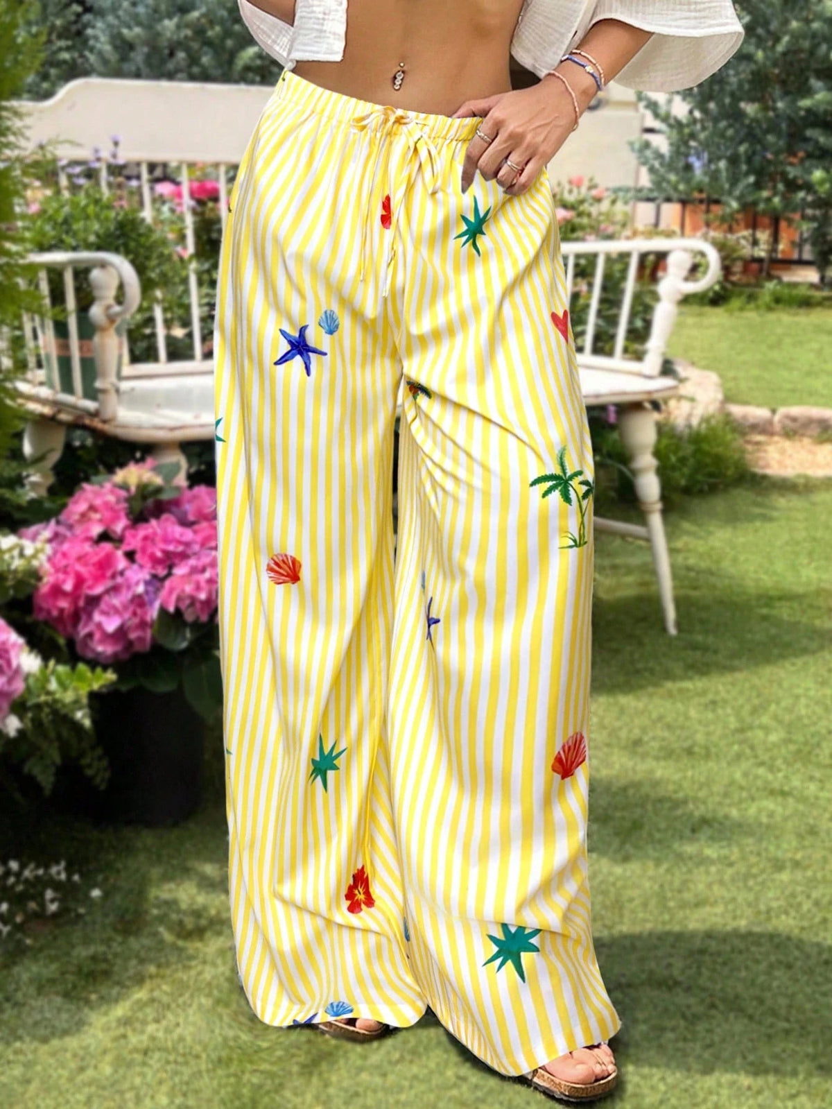 Women's Casual Vacation Ocean Style Striped Yellow Tie Waist Plus Size Pants