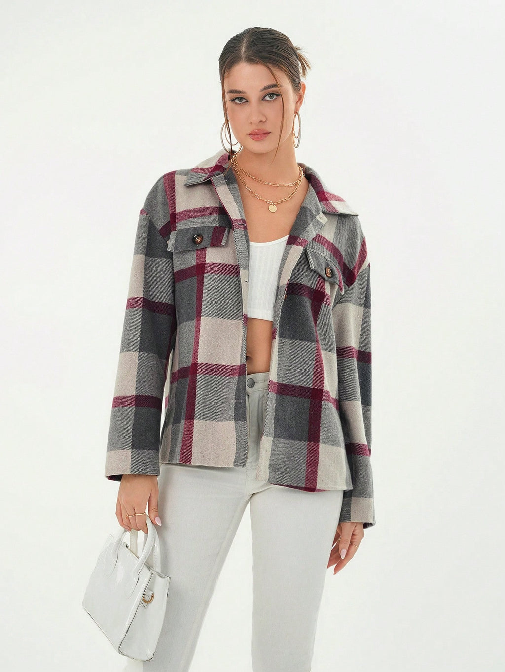 Drop Shoulder Plaid Print Coat with Lapel Design - M