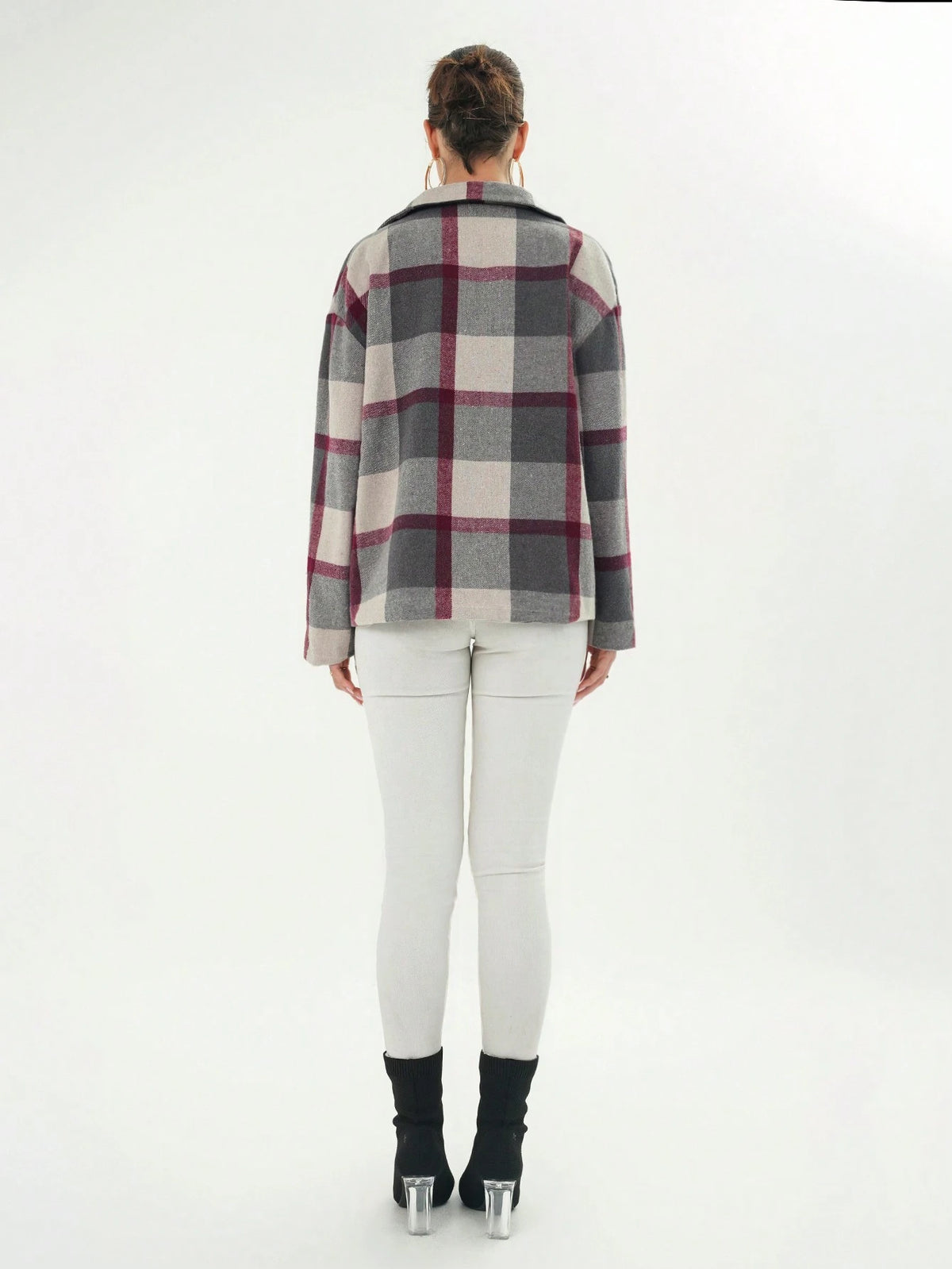 Drop Shoulder Plaid Print Coat with Lapel Design - M