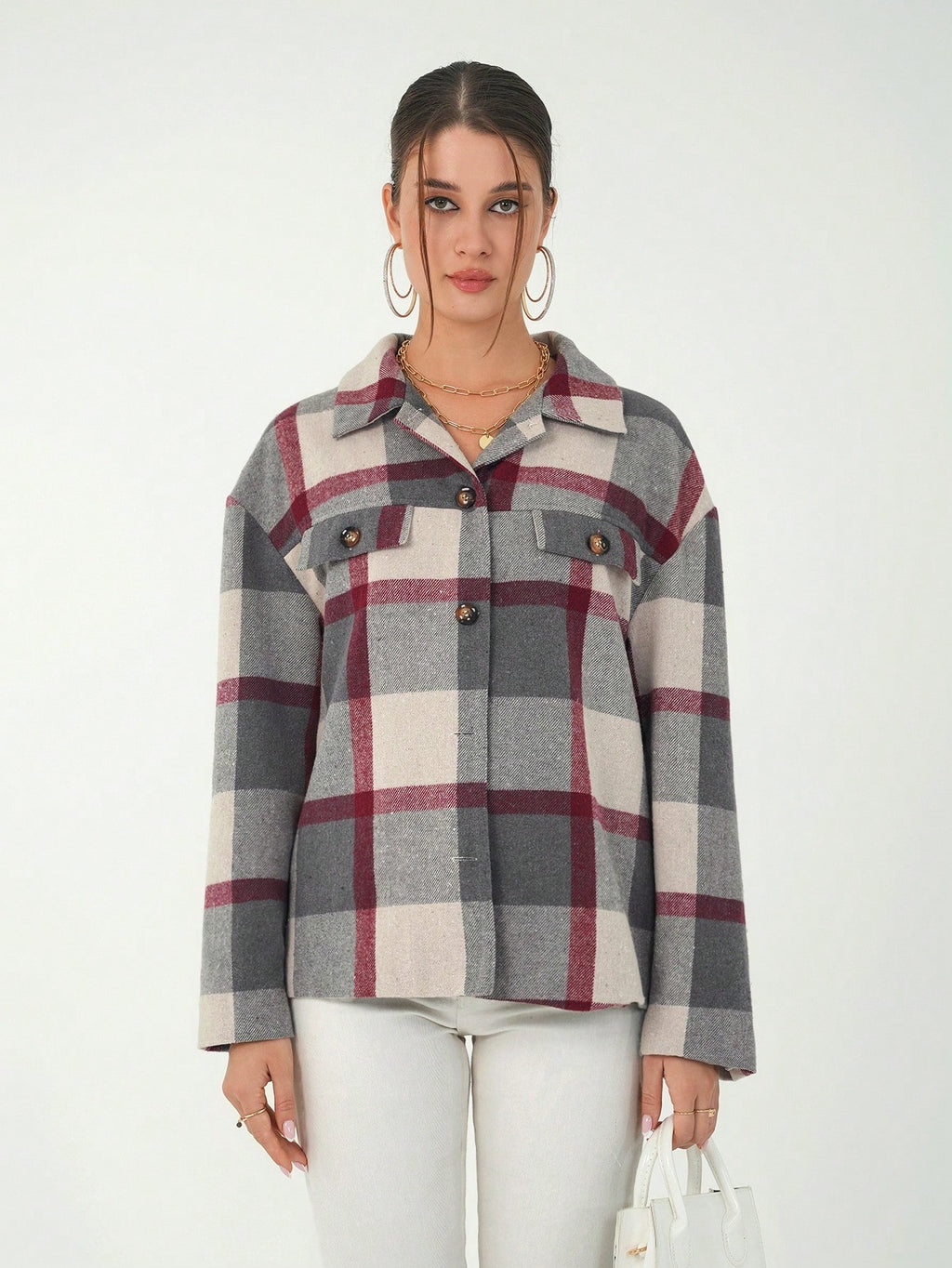Drop Shoulder Plaid Print Coat with Lapel Design - M