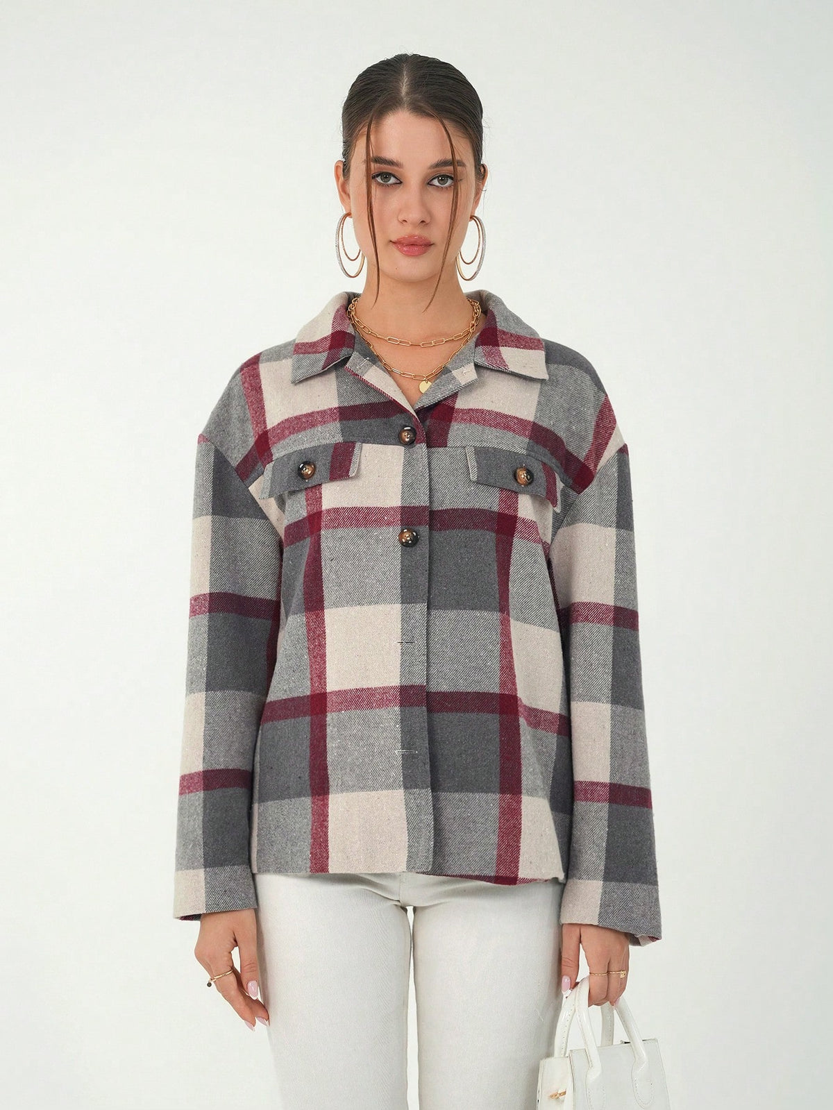 Drop Shoulder Plaid Print Coat with Lapel Design - M