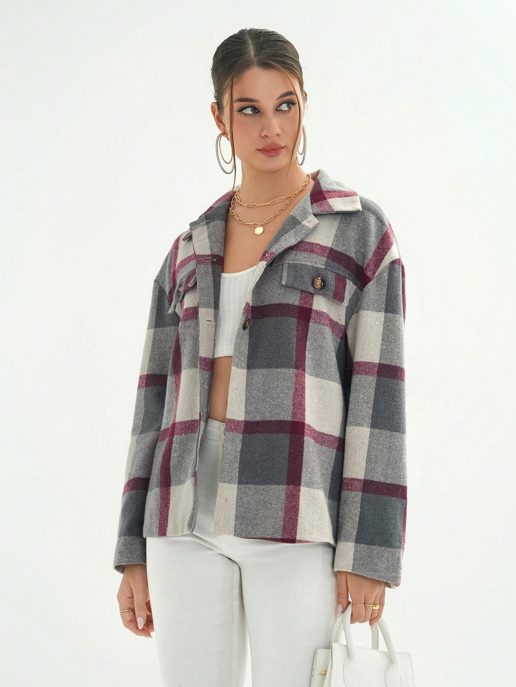 Drop Shoulder Plaid Print Coat with Lapel Design - M