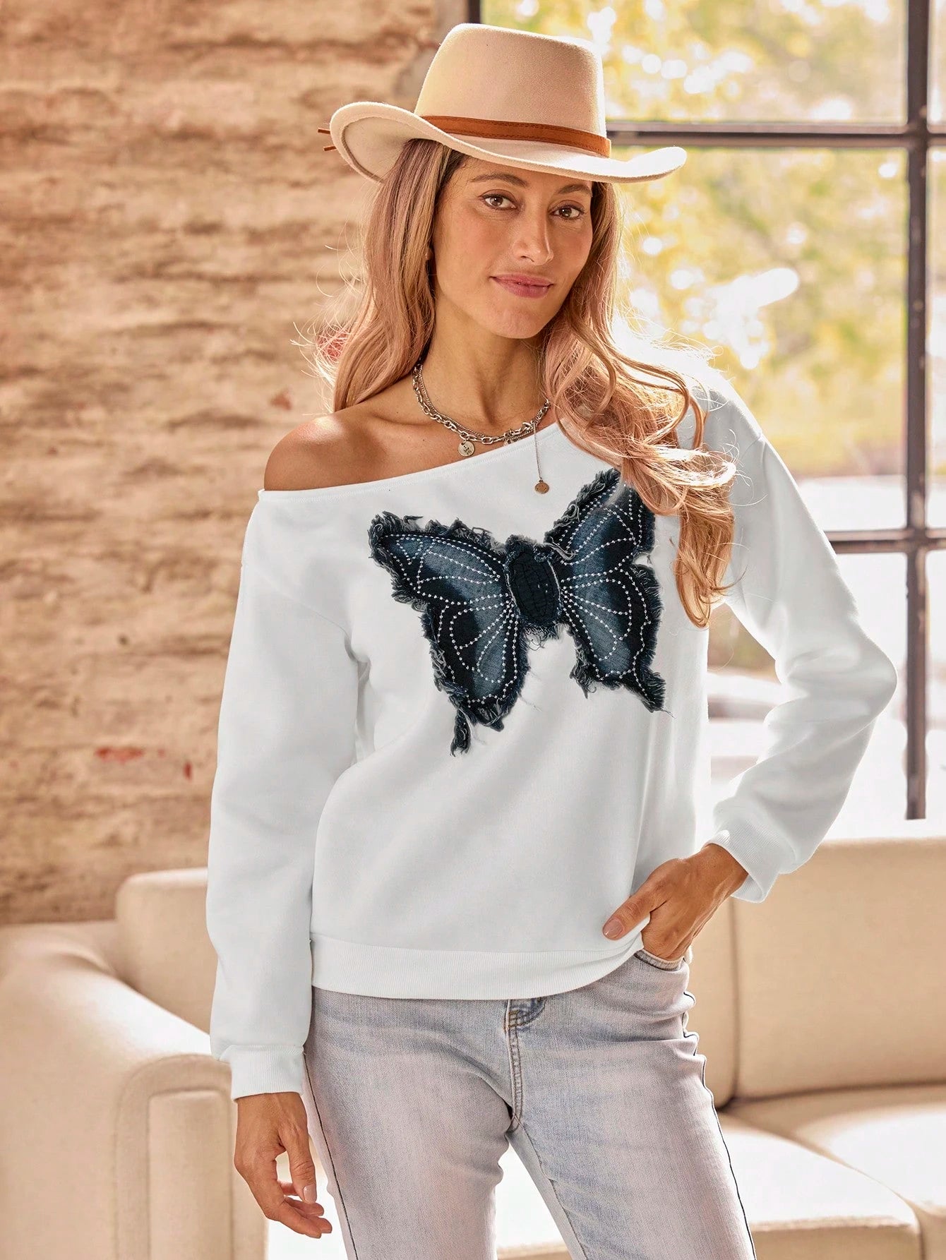 Asymmetrical Shoulder Women's Denim Butterfly Embroidered Pullover Sweatshirt Fall