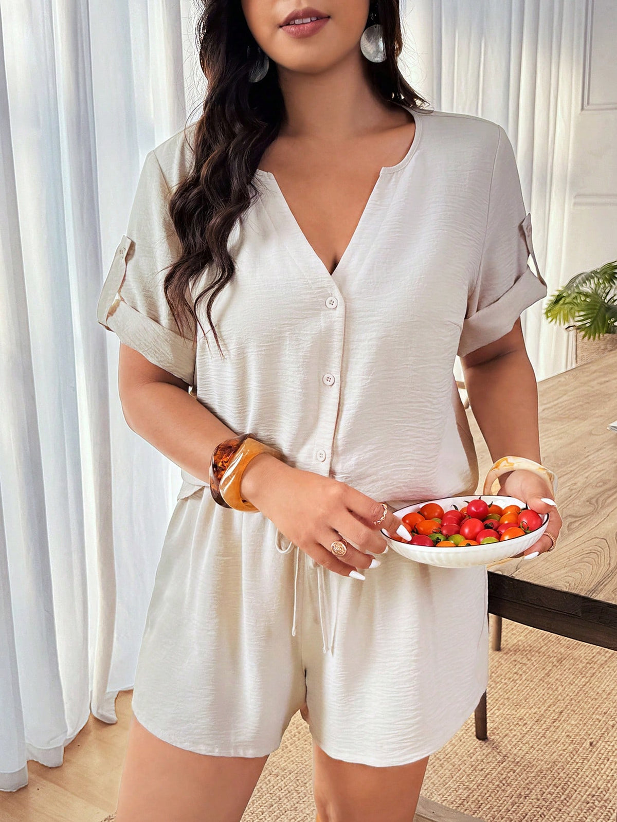 French Style Button Front Dropped Shoulder Top