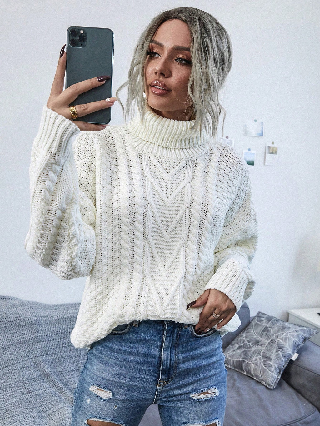 Women's Turtleneck Drop Shoulder Sweater - Small