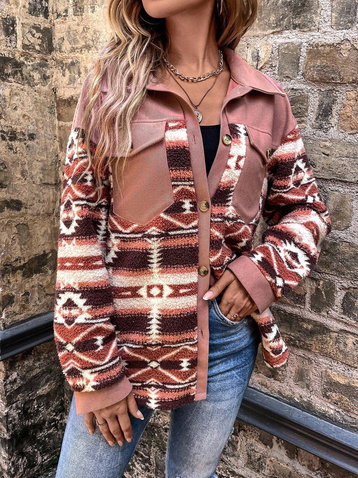 Vacation Casual Western Style Geometric Pattern Patchwork Jacket - L