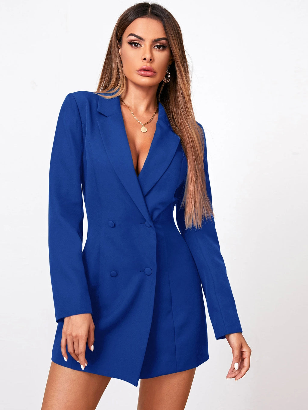 Plunging Double-Breasted Mini Blazer Dress - M