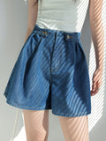 SHEIN Unity Women's High Waisted Pleated Denim Shorts, Casual Blue Wide Leg Jean Shorts