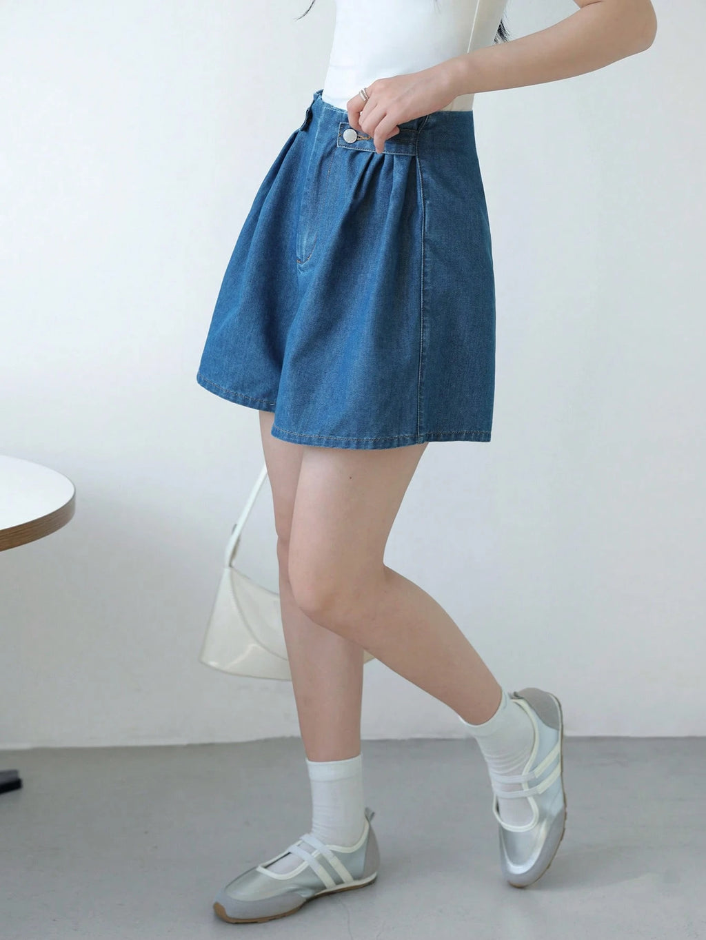 SHEIN Unity Women's High Waisted Pleated Denim Shorts, Casual Blue Wide Leg Jean Shorts