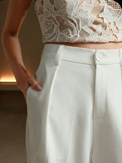 Tall Elegant & Stylish Design Pleated White Women's Suit Pants, Pockets, Straight Leg, Suitable For Tall, Fall, Winter, Summer, Spring, New Year, Party, Wedding, Elegant, Chic, Stylish, Business Casual - XS