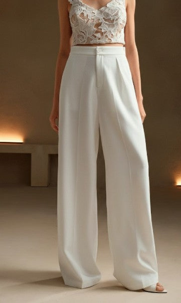Tall Elegant & Stylish Design Pleated White Women's Suit Pants, Pockets, Straight Leg, Suitable For Tall, Fall, Winter, Summer, Spring, New Year, Party, Wedding, Elegant, Chic, Stylish, Business Casual - XS